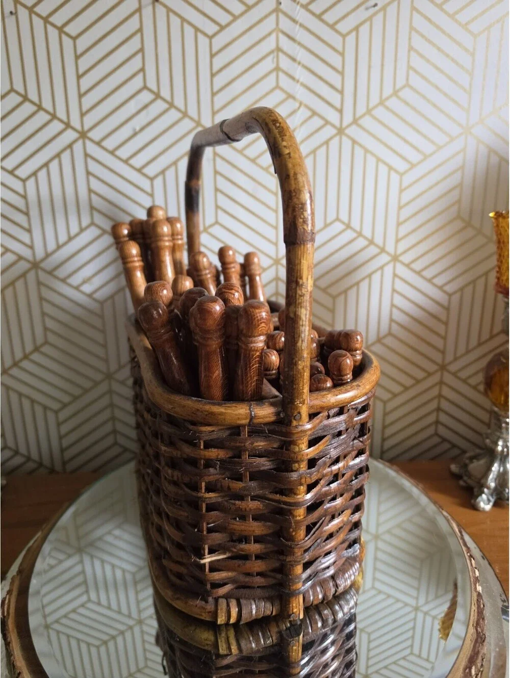 Vintage Lifetime Cutlery Old Homestead Wood Handle Flatware w Wicker Caddy 59pc